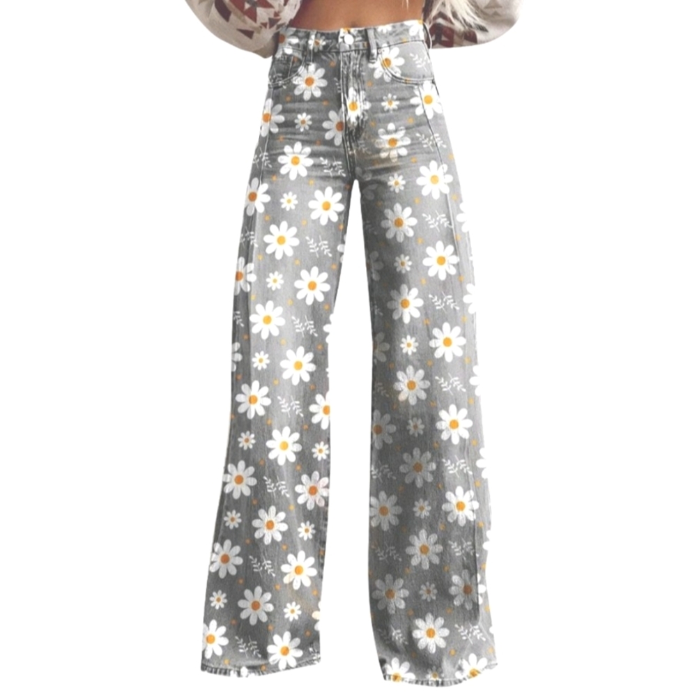 Amazon Gray Daisy Print Wide Leg Jeans